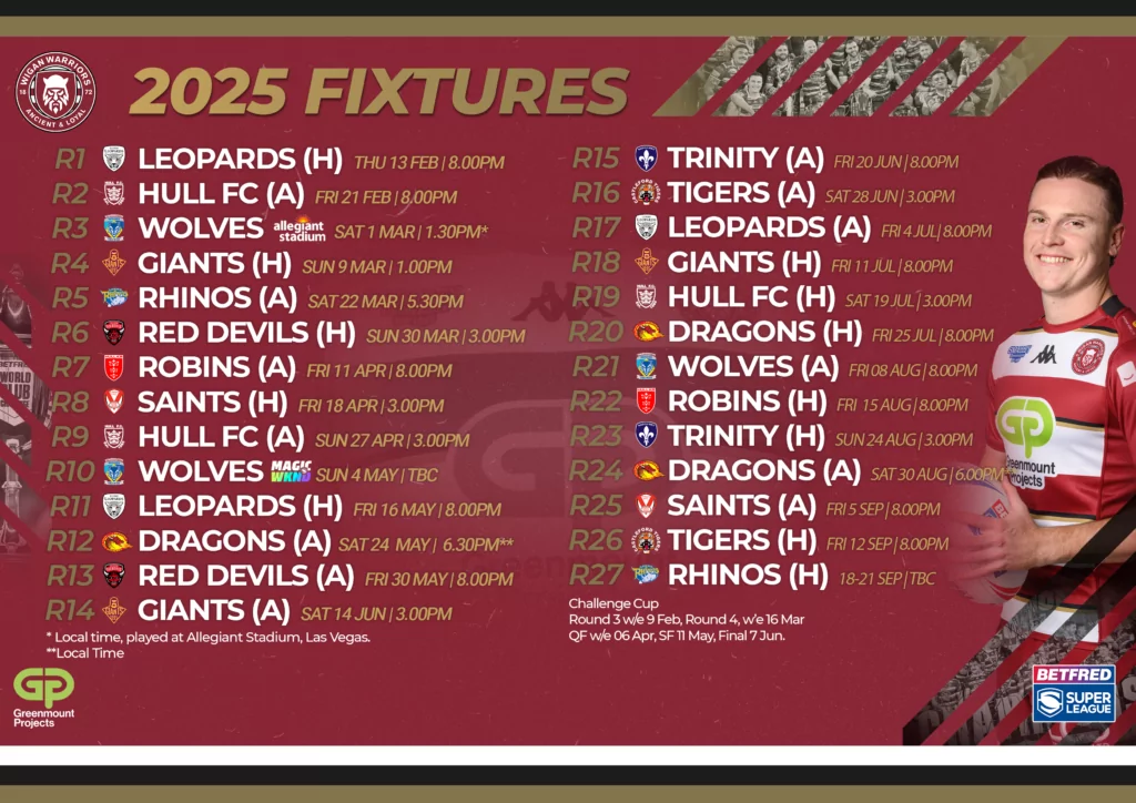 2025 Fixtures for Wigan Warriors Wigan Warriors